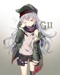  absurdres azit_(down) blue_eyes character_name g11_(girls_frontline) girls_frontline hat highres jacket long_hair looking_at_viewer shirt shorts silver_hair sleepy solo t-shirt 