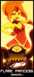  &gt;:o 1boy 1girl :o adventure_time animal_ears backpack bag breasts character_name cleavage dress fake_animal_ears finn_the_human flame_princess forehead_jewel medium_breasts mike_inel monster open_mouth orange_eyes orange_hair ponytail rabbit_ears red_dress round_teeth sword teeth weapon yellow_skin 