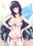  aningay ass_visible_through_thighs bangs bikini black_hair blunt_bangs breasts bridal_gauntlets cleavage closed_mouth collarbone cowboy_shot eyebrows_visible_through_hair fingerless_gloves flower front-tie_bikini front-tie_top girls_frontline gloves hair_flower hair_ornament hairband hand_on_hip hand_on_own_stomach head_tilt highres large_breasts long_hair looking_at_viewer multi-strapped_bikini navel qbz-95_(girls_frontline) side-tie_bikini smile swimsuit thigh-highs very_long_hair white_bikini white_gloves white_legwear yellow_eyes 