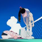  1girl adjusting_clothes adjusting_legwear ball bent_over black_hair blue_sky clouds cloudy_sky commentary from_below from_ground full_body hat highres kneehighs long_hair looking_down miniskirt original pink_hat ponytail racket shirt shoes short_sleeves skirt sky sneakers solo standing t0rped0 tennis_ball tennis_court tennis_net tennis_racket tennis_racket_case visor_cap white_shirt white_shoes white_skirt 