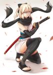  1girl black_bow black_scarf blonde_hair bow brown_eyes eyebrows_visible_through_hair fate_(series) feet hair_bow highres holding holding_sheath holding_sword holding_weapon koha-ace looking_at_viewer rixch sakura_saber scarf sheath sheathed short_hair solo squatting sword toes weapon 