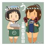  2girls black_hair blush brown_hair capriccyo commentary_request goggles goggles_on_head happi i-401_(kantai_collection) japanese_clothes kantai_collection maru-yu_(kantai_collection) multiple_girls pale_skin ponytail school_swimsuit short_hair simple_background standing swimsuit tan tanline |_| 