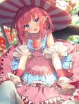 1girl absurdres alternate_costume day dress fate/extra fate/extra_ccc fate_(series) flower frilled_dress frills green_eyes hat hat_flower head_tilt highres lancer_(fate/extra_ccc) layered_dress looking_at_viewer open_mouth outdoors pink_dress pink_hair pink_rose pointy_ears red_ribbon ribbon rose smile solo_focus striped striped_hat tail usamata wrist_cuffs