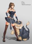  1girl absurdres animal black_legwear blush breasts brown_eyes brown_hair cleavage dog hand_on_hip highres large_breasts league_of_legends lee_seok_ho long_hair looking_at_viewer naver_username nidalee parted_lips signature smile teeth thigh-highs watermark web_address 