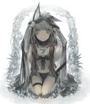  1girl animal_ears backlighting bangs bikini black_bikini black_legwear blue_eyes closed_mouth fishnet_legwear fishnets fox_ears frilled_bikini frills front-tie_bikini front-tie_top grass grey grey_hair hands_up highres jewelry long_hair looking_at_viewer low_twintails necklace original rayvon simple_background single_thighhigh smile solo swimsuit tareme thigh-highs twintails veil white_background 