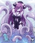  1girl artist_name bare_shoulders black_gloves breasts cleavage crab elbow_gloves fish foxilumi gloves hair_over_one_eye kraken_(monster_girl_encyclopedia) large_breasts light_smile long_hair looking_at_viewer monster_girl monster_girl_encyclopedia pale_skin parted_lips partially_submerged purple_hair scylla solo squid tentacle very_long_hair violet_eyes water 