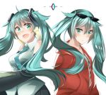  2girls anniversary aqua_eyes aqua_hair curly_hair detached_sleeves dual_persona expressionless green_hair hands_in_pockets hatsune_miku headset highres iwai_minato jacket long_hair looking_at_viewer multiple_girls necktie red_jacket simple_background sleeveless smile suna_no_wakusei_(vocaloid) sunglasses sunglasses_on_head twintails very_long_hair vocaloid white_background 