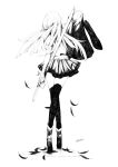  1girl arm_up dated feathers floating_hair from_behind full_body greyscale highres holding holding_jacket holding_sword holding_weapon legs_crossed long_hair monochrome original pleated_skirt rayvon school_uniform sheath sheathed sketch skirt solo standing sword thigh-highs weapon 