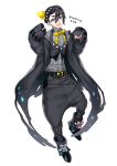  1boy :o alternate_color baggy_pants belt black_hair black_pants black_shoes blue_eyes character_name full_body grey_vest hair_ornament kasuka108 looking_at_viewer male_focus palossand pants personification pokemon shiny_pokemon shoes solo standing vest 