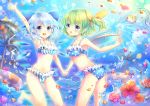  2girls :d :o ahoge arm_up bikini blue_bikini blue_eyes blue_hair bow breasts cirno collarbone commentary daiyousei fireworks fish flower frilled_bikini frills green_hair hair_bow hair_ribbon hand_holding ice ice_wings looking_at_viewer medium_breasts multiple_girls open_mouth palm_tree pjrmhm_coa polka_dot polka_dot_bikini ribbon short_hair side_ponytail smile striped swimsuit touhou tree vertical-striped_bikini vertical_stripes violet_eyes water water_drop waving wings 