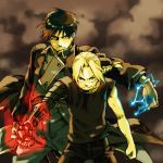  2boys automail behind_another black_background black_hair black_pants black_shirt blonde_hair braid clenched_hand coat edward_elric electricity energy fighting_stance fullmetal_alchemist gloves grin looking_at_viewer lowres male_focus mattsu multiple_boys outstretched_arm pants red_eyes roy_mustang serious shirt simple_background smile uniform yellow_eyes 