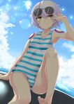  1girl adjusting_sunglasses arm_support arm_up armpits assassin_of_black backlighting bangs bare_arms bare_legs bare_shoulders barefoot blue_sky blue_swimsuit breasts casual_one-piece_swimsuit clouds collarbone commentary elusya fate/grand_order fate_(series) from_below green_eyes grey_hair hair_between_eyes head_tilt highres horizon knee_up lens_flare looking_at_viewer ocean one-piece_swimsuit parted_lips scar scar_across_eye scar_on_cheek short_hair sitting sky slit_pupils small_breasts solo striped striped_swimsuit sun sunglasses sunlight swimsuit tattoo white_swimsuit 