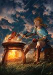  1boy apple blonde_hair boots campfire clouds cooking crate dark dusk earrings egg fingerless_gloves fire food fruit gloves grass highres jewelry ladle link long_hair male_focus meat pointy_ears pouch sack shooting_star signature sitting sky solo the_legend_of_zelda the_legend_of_zelda:_breath_of_the_wild you_shimizu 