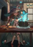  1girl :&lt; black_hair black_hat book cauldron desk_lamp glasses hat highres holding holding_staff lamp long_hair looking_away open_book original red_eyes staff table ukimesato witch_hat 
