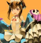  &gt;:d 1girl :d bangs blue_dress breasts brown_hair drawr dress eyebrows_visible_through_hair fang frills hands_in_sleeves hands_up horns looking_at_viewer open_mouth orange_background original rayvon simple_background small_breasts smile solo stuffed_animal stuffed_toy teddy_bear violet_eyes 