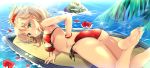  1girl ass barefoot bikini blonde_hair fate/grand_order fate_(series) feet flower green_eyes grin long_hair maruchan. mordred_(swimsuit_rider)_(fate) ponytail red_bikini saber_of_red smile soles solo surfboard swimsuit toes water 
