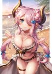  10s 1girl beach bikini blue_eyes blush breasts butterfly_earrings cleavage clouds collarbone day doraf double_bun gluteal_fold granblue_fantasy hair_ornament hair_over_one_eye heart highres horns large_breasts lavender_hair lock long_hair looking_at_viewer low_tied_hair mk narumeia_(granblue_fantasy) navel ocean outdoors palm_tree pointy_ears sand sky smile solo swimsuit thigh_strap tree water wet white_bikini 