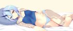  1girl bangs barefoot bed_sheet blue_eyes blue_hair blue_panties blue_shirt blush breasts closed_mouth commentary_request crop_top eyebrows_visible_through_hair hair_between_eyes hand_on_hip head_on_pillow heterochromia highres horns io_(pso2) legs_together looking_at_viewer lying navel no_pants on_side orange_eyes panties phantasy_star phantasy_star_online_2 shirt short_hair simple_background small_breasts smile solo spaghetti_strap strap_slip sukage tattoo underwear 