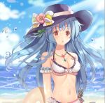  1girl beach binan_xian_lu bird black_hat blue_hair bow breasts cleavage eyebrows_visible_through_hair flower hat hat_bow hat_flower hat_ribbon hinanawi_tenshi jewelry large_breasts long_hair looking_at_viewer navel necklace red_eyes ribbon seagull solo touhou white_bow white_ribbon 