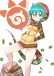  1girl barefoot_sandals blush closed_mouth eyebrows_visible_through_hair green_hair hands_in_pockets highres hood hood_up hoodie kemono_friends looking_at_viewer snake_tail solo tail tenzeru tsuchinoko_(kemono_friends) yellow_eyes 