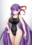  1girl ;) bare_shoulders bb_(fate/extra_ccc) black_swimsuit breasts collarbone competition_swimsuit covered_navel cowboy_shot eyebrows_visible_through_hair fate/extra fate/extra_ccc fate_(series) hair_ribbon hand_on_hip highres kaafi large_breasts long_hair looking_at_viewer one-piece_swimsuit one_eye_closed purple_hair red_ribbon ribbon sile smile solo standing swimsuit very_long_hair violet_eyes 