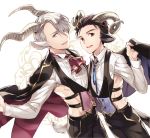  2boys animal_ears black_hair blue_eyes brown_eyes cape cravat goat_ears goat_horns goat_tail hair_over_one_eye horns katsuki_yuuri kemonomimi_mode kuroemon male_focus multiple_boys open_mouth silver_hair smile tail viktor_nikiforov yuri!!!_on_ice 