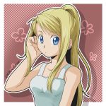  1girl 2009 :o artist_name blonde_hair blue_eyes dated earrings floral_background flower fullmetal_alchemist hand_in_hair jewelry long_hair looking_at_viewer nakamura open_mouth pink_background ponytail shirt simple_background solo_focus white_background white_shirt winry_rockbell 