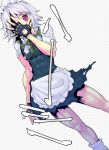  1girl abs apron black_gloves bow braid dutch_angle fingerless_gloves gloves green_bow hair_bow izayoi_sakuya jojo_pose looking_at_viewer maid_headdress muscle pink_eyes pose short_sleeves silver_hair solo standing touhou twin_braids waist_apron 