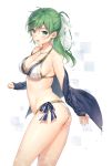  1girl artist_name bikini breasts cleavage contrapposto from_side green_eyes green_hair hair_ribbon highres jewelry long_hair looking_at_viewer medium_breasts necklace off_shoulder original ponytail ribbon rosary side-tie_bikini simple_background smile solo swimsuit tokki wet white_bikini 