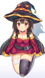  1girl absurdres bandage bandaged_leg black_gloves black_legwear breasts brown_eyes brown_hair button_eyes cape cleavage collar dress fingerless_gloves gloves hat highres kono_subarashii_sekai_ni_shukufuku_wo! long_hair megumin red_dress short_hair_with_long_locks single_thighhigh small_breasts solo thigh-highs witch_hat zhafitren 