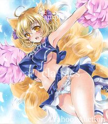  1girl :d ahoge alternate_costume animal_ears armpits artist_name at_classics bangs bare_arms blonde_hair blush bow bow_panties breasts cheerleader covered_nipples dutch_angle eyebrows_visible_through_hair flower fox_ears hair_between_eyes hair_bobbles hair_ornament kneehighs large_breasts looking_at_viewer midriff multiple_tails navel open_mouth panties pink_bow pom_poms sample shoes short_hair sleeveless smile solo stomach tail touhou traditional_media under_boob underwear watermark white_legwear white_panties wind wind_lift yakumo_ran yellow_eyes 