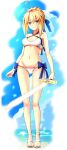  1girl absurdres barefoot_sandals blonde_hair blue_ribbon blush breasts cleavage closed_mouth eyebrows_visible_through_hair fate/grand_order fate_(series) full_body green_eyes hair_ribbon highres holding holding_sword holding_weapon looking_at_viewer medium_breasts navel ribbon saber short_hair smile solo sword weapon yuchio 