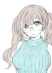  1girl :&lt; bangs bare_shoulders breasts brown_hair close-up commentary_request glasses head_tilt large_breasts looking_at_viewer nikaidou_kou original pink_hair pink_sweater simple_background solo sweater sweater_vest thick_eyebrows turtleneck turtleneck_sweater twintails white_background 