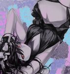  1girl alternate_eye_color arms_up bangs black_dress black_gloves dress fingerless_gloves floral_background gloves hair_between_eyes halter_dress kantai_collection long_hair looking_at_viewer lying messy_hair on_back parted_lips rayvon shigure_(kantai_collection) solo upside-down 