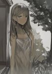  1girl arm_at_side bangs closed_mouth collarbone dated dress grey grey_eyes grey_hair hand_up long_hair looking_at_viewer original outdoors parted_lips rain rayvon see-through sketch solo tree wet white_dress 