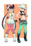  2girls absurdres aori_(splatoon) boots breasts cleavage colo_(nagrolaz) cosplay costume_switch crown earrings fangs fingerless_gloves full_body gloves highres hime_(splatoon) hime_(splatoon)_(cosplay) hotaru_(splatoon) iida_(splatoon) iida_(splatoon)_(cosplay) jewelry midriff mole mole_under_eye multiple_girls navel pantyhose pointing pointy_ears purple_hair silver_hair splatoon splatoon_2 stomach symbol-shaped_pupils tentacle_hair zipper zipper_pull_tab 