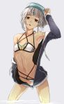  altera_(fate) bangs bare_shoulders bikini bikini_under_clothes breasts collarbone commentary_request dark_skin fate/grand_order fate_(series) grey_background hat headpiece hood hooded_jacket i-pan jacket navel off_shoulder open_clothes open_jacket open_mouth red_eyes short_hair simple_background small_breasts swimsuit tattoo unzipped wading water wet white_bikini white_hair 