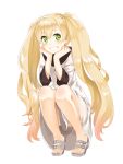  1girl blonde_hair blush eileen_(artist) eyebrows_visible_through_hair green_eyes head_in_hand highres kekkai_sensen long_hair long_sleeves looking_at_viewer parted_lips sandals smile solo squatting teeth twintails white_(kekkai_sensen) 