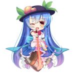  1girl binan_xian_lu black_hat blue_hair blue_skirt blush boots bow brown_boots chibi eyebrows_visible_through_hair full_body hat hinanawi_tenshi holding holding_sword holding_weapon knee_boots long_hair looking_at_viewer one_eye_closed open_mouth puffy_short_sleeves puffy_sleeves red_bow red_eyes short_sleeves sitting skirt smile solo sword sword_of_hisou touhou weapon 