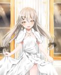  1girl bangs blush collarbone cowboy_shot dress earrings eyebrows_visible_through_hair girls_frontline grey_hair hair_between_eyes hair_ornament hairclip highres holding_dress indoors jewelry long_hair looking_at_viewer mg4_(girls_frontline) niie open_mouth silver_hair smile solo white_dress yellow_eyes 