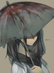  1girl black_hair closed_mouth covered_face dated grey_background hand_up holding holding_umbrella long_hair original rayvon school_uniform serafuku short_sleeves simple_background solo twintails umbrella upper_body 