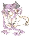  1girl aruterra between_breasts bikini blue_eyes blush braid breasts butt_crack doraf double_bun eyebrows_visible_through_hair frilled_bikini frills granblue_fantasy hair_between_breasts hair_over_one_eye highres horns large_breasts long_hair looking_at_viewer lying narumeia_(granblue_fantasy) on_stomach parted_lips pointy_ears purple_hair simple_background solo swimsuit very_long_hair white_background white_bikini 