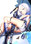  absurdres ass bare_back between_legs braid breasts grey_eyes gun hand_between_legs highres juesnow leotard looking_at_viewer lying on_side parted_lips rifle shell_casing short_hair small_breasts sniper_rifle socks toeless_legwear trefoil twin_braids weapon white_hair 
