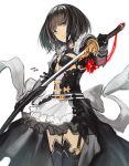  1girl bangs black_dress black_hair black_legwear breasts cowboy_shot dated dress garter_straps holding holding_sword holding_weapon long_sleeves looking_at_viewer medium_breasts original parted_lips rayvon sheath simple_background solo sword thigh-highs unsheathing weapon white_background 