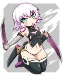  1girl assassin_of_black bandage bandaged_arm bare_shoulders black_legwear black_panties blush breasts dual_wielding fate/apocrypha fate/grand_order fate_(series) gloves green_eyes knife looking_at_viewer navel oomochi_(16215775) panties scar short_hair solo thigh-highs underwear weapon white_hair 