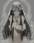  1girl bangs black_hair closed_eyes covered_mouth dated facing_viewer flower grey grey_background hands_up holding holding_flower long_hair navel original rayvon sidelocks simple_background solo upper_body veil white_flower 