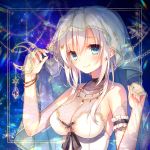  1girl bare_shoulders blue_eyes blush bracelet breasts cleavage closed_mouth eyebrows_visible_through_hair jewelry looking_at_viewer medium_breasts necklace original smile solo toosaka_asagi upper_body veil white_hair 