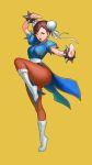  1girl :o boots bracelet brown_hair bun_cover casasak china_dress chinese_clothes chun-li double_bun dress earrings full_body hand_up jewelry pantyhose short_hair solo spiked_bracelet spikes standing standing_on_one_leg street_fighter stud_earrings white_boots yellow_background 