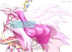  1girl animal_ears cape cure_whip extra_ears food food_themed_hair_ornament frills fruit gloves hair_ornament hat kirakira_precure_a_la_mode long_hair looking_at_viewer magical_girl mahou_girls_precure! matatabi_(karukan222) pink_eyes pink_hair precure precure_all_stars rabbit_ears smile solo strawberry twintails wings witch_hat 