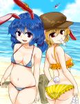  3girls :d adapted_costume afterimage animal_ears arm_at_side arm_behind_back arm_up arms_at_sides ass back back-to-back bare_arms bare_shoulders beach bikini blonde_hair blue_hair blue_sky breasts collarbone cowboy_shot dango day dimples_of_venus dress ear_clip eating eyebrows_visible_through_hair flat_cap floppy_ears food hair_between_eyes hat holding holding_food jacket kine kishin_sagume long_hair looking_at_viewer looking_back micro_bikini mouth_hold multiple_girls navel ocean open_clothes open_jacket open_mouth outdoors purple_dress rabbit_ears red_eyes ringo_(touhou) seiran_(touhou) short_hair shoulder_blades sideboob single_wing skindentation sky smile stomach swimsuit touhou twintails upside-down wagashi white_wings wings zetsumame 